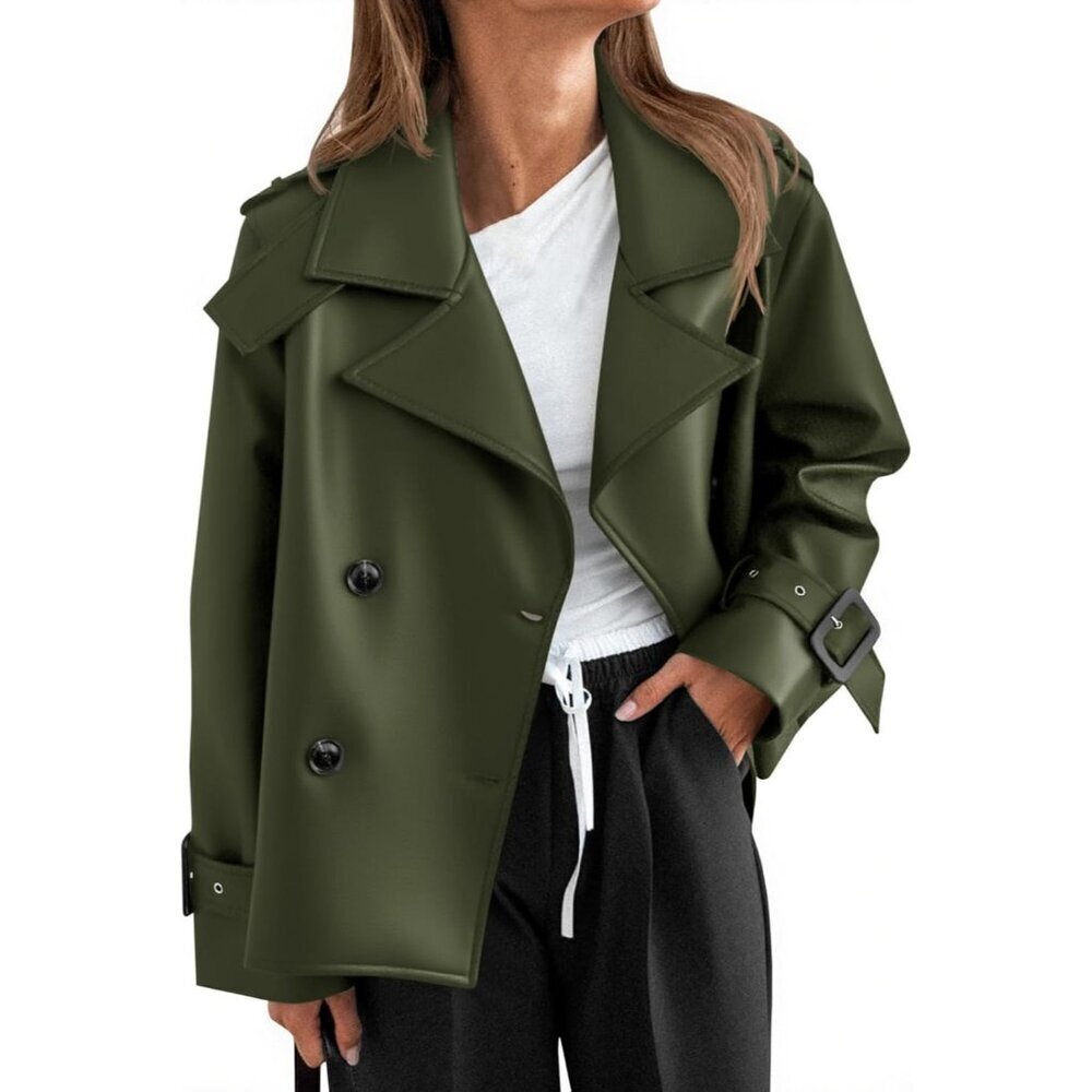 Womens army green Leather Oversized Button Down Motorcycle Jacket Fall Outer